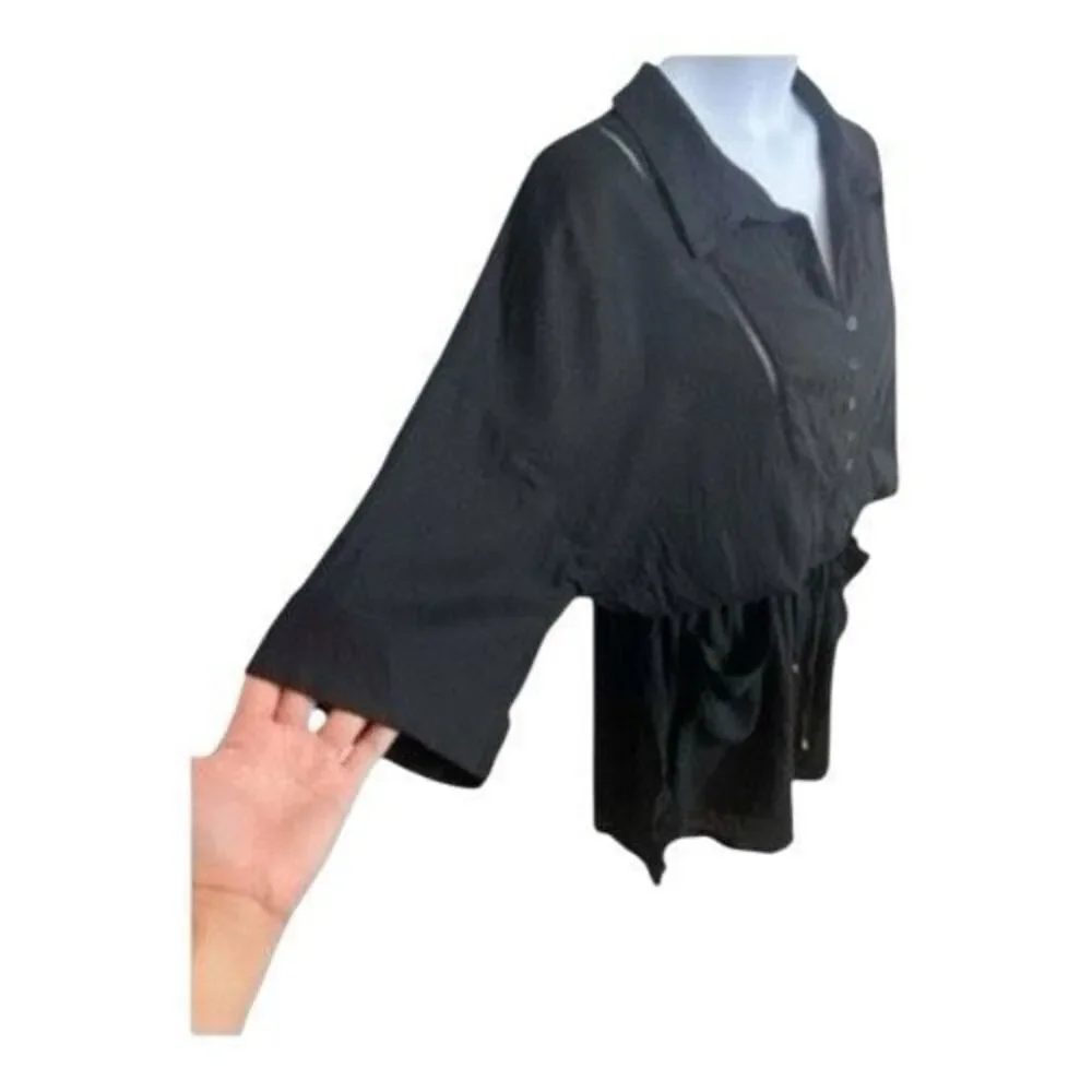 Black Linen Button Up Romper Plus Size 2X Tie Waist Short Sleeve Pockets Summer